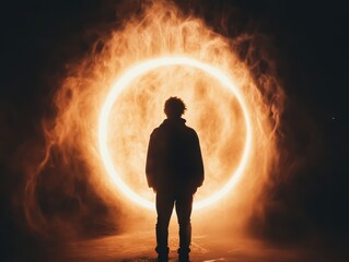 Obraz premium A silhouetted figure stands before a glowing, fiery circle in a dramatic night scene, creating an atmosphere of mystery and intrigue.