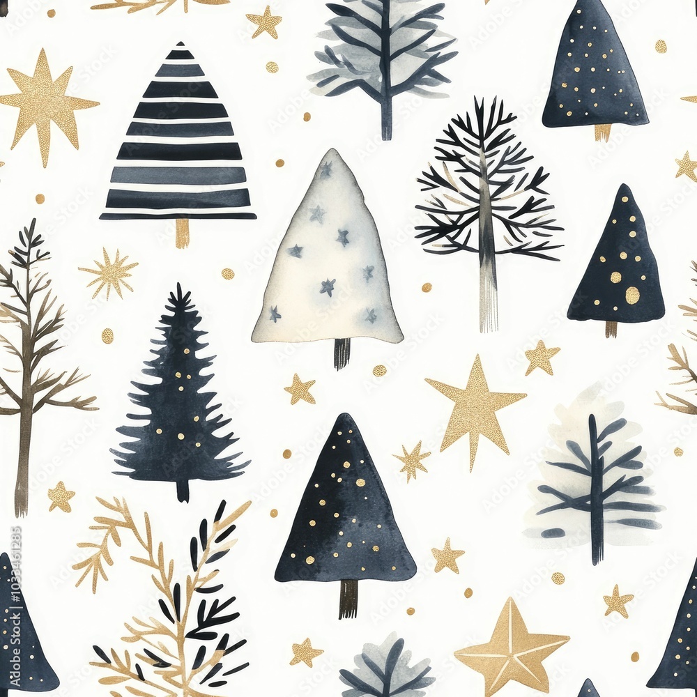 Poster festive scandinavian inspired christmas featuring a seamless pattern of watercolor trees stars and o