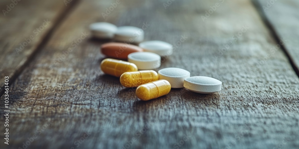 Poster Selective focus on assorted pills on a wooden table with copy space.