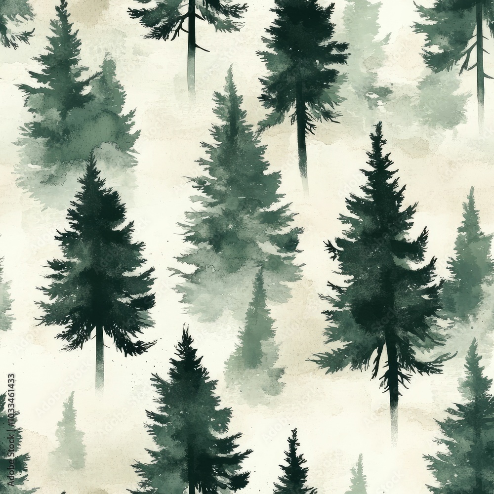 Poster serene minimalist watercolor evergreen forest pattern in muted green tones soft beige background wit