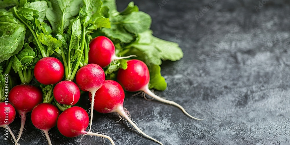 Poster A cluster of fresh radishes on the table in close-up. Background features radishes from a top view. Copy space available.