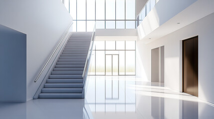Fototapeta premium A clean, white, modern interior of an office building with a staircase, door, and window