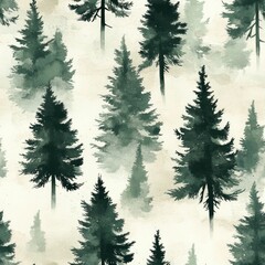 Fototapeta premium Serene Minimalist Watercolor Evergreen Forest Pattern in Muted Green Tones Soft beige background with abstract shapes of pine spruce and fir trees in a seamless calming and atmospheric design