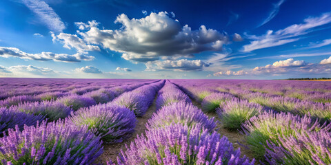 Obraz premium vast expanse of fragrant lavender flowers stretches towards distant horizon, creating serene and picturesque landscape under vibrant blue sky with fluffy clouds