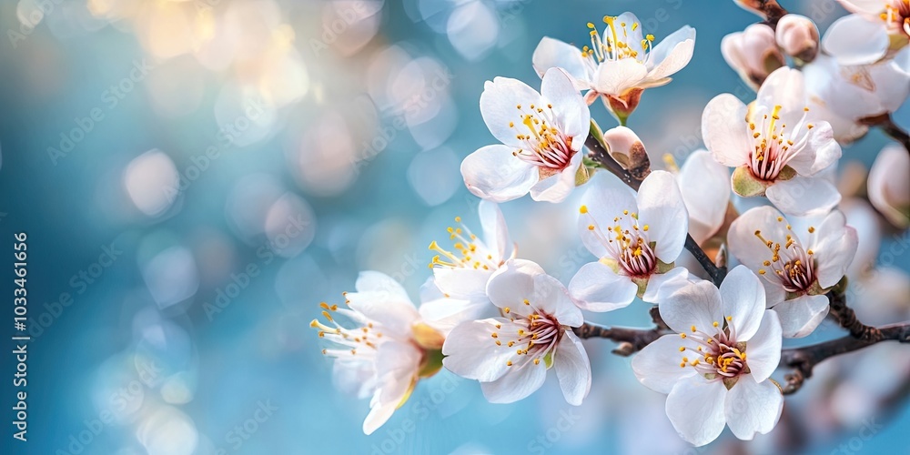 Aufkleber close-up of almond blossoms in early spring with a soft blue background that is blurred. copy space.