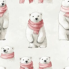 Fototapeta premium Charming watercolor of polar bears wearing simple scarves in soft pastel color tones floating against a light minimalist and seamless background This adorable