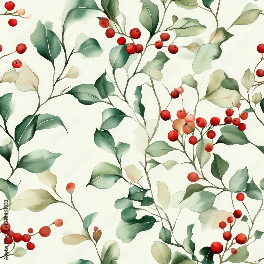 Poster delicate watercolor of holly and mistletoe leaves and berries in a minimalist style featuring soft r