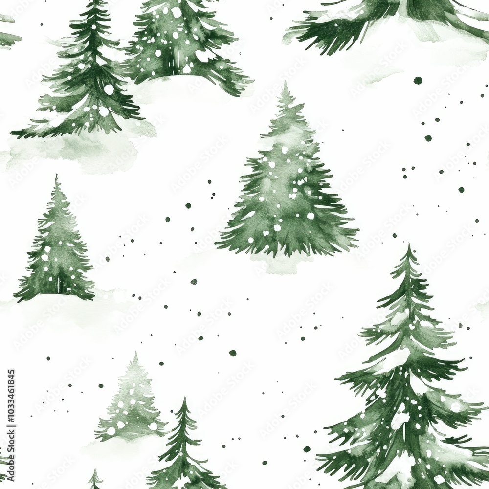 Aufkleber peaceful and serene minimalist watercolor of fir trees with soft green and white tones in a seamless