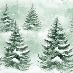 Obraz premium Minimalist of watercolor fir trees with a snowy backdrop showcasing a serene nature composition in soft muted green and white tones The airy seamless repeat pattern creates a peaceful