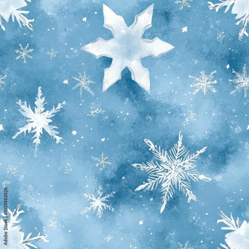 Poster minimalist watercolor featuring a seamless repeat pattern of delicate snowflakes and stars in soft m