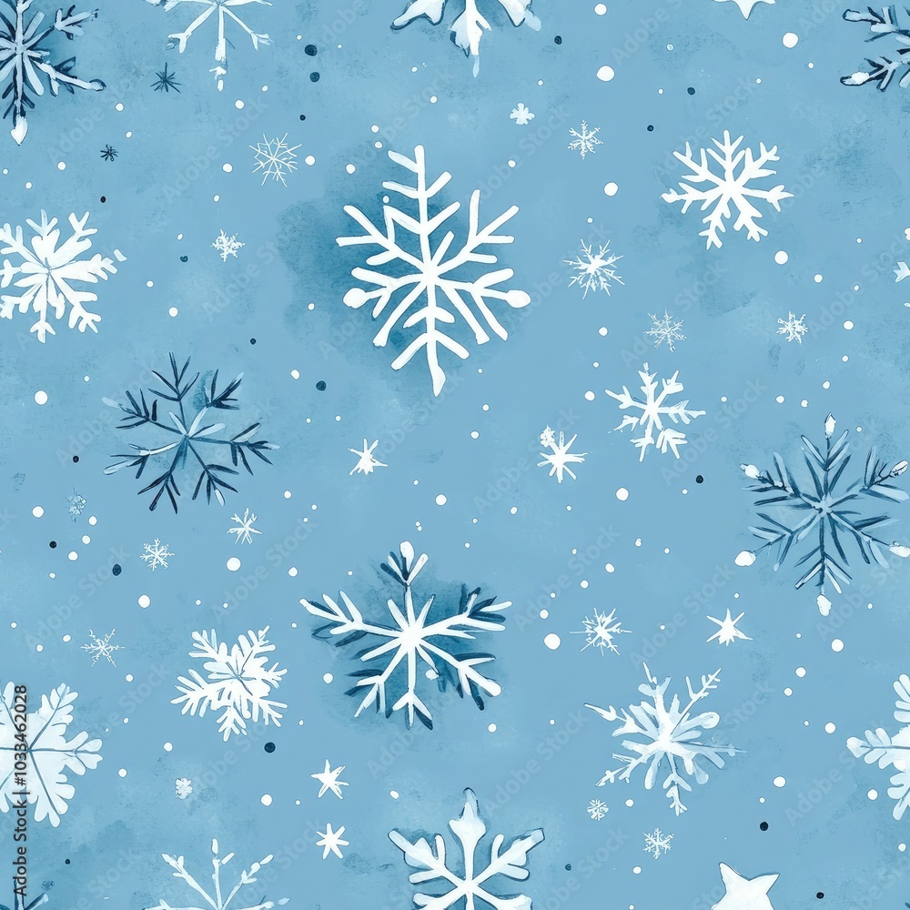 Poster serene minimalist featuring a subtle watercolor style pattern of delicate white and gray snowflakes 