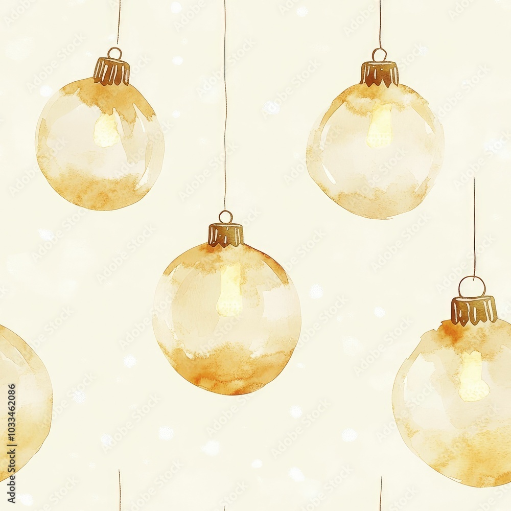 Poster seamless watercolor featuring a repeating pattern of simple soft yellow and white christmas ornament