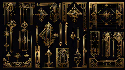Golden geometric Art Deco ornaments: frames, borders, dividers, perfect for elegant designs