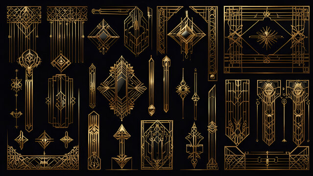 Golden geometric Art Deco ornaments: frames, borders, dividers, perfect for elegant designs