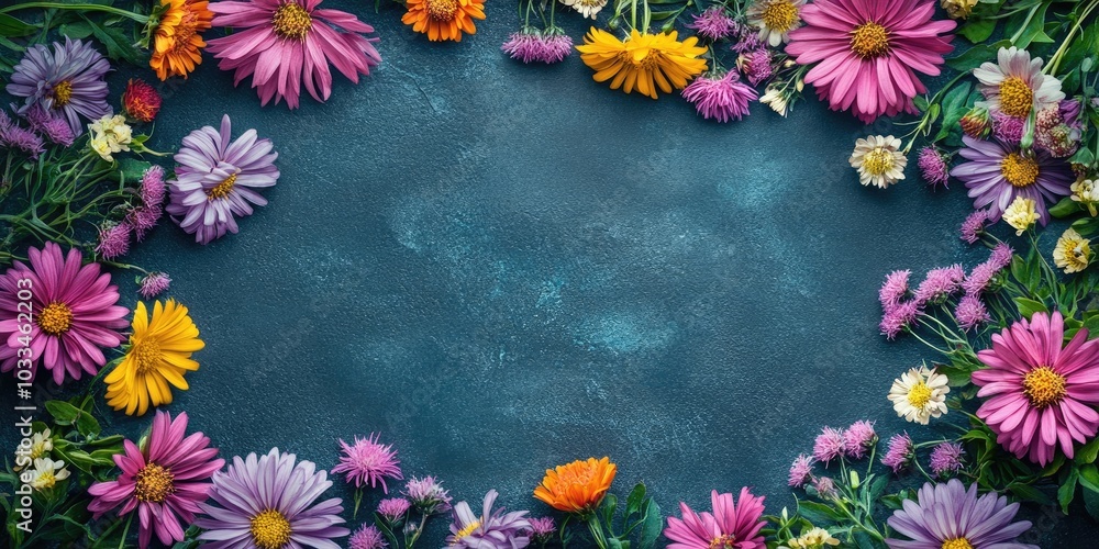Poster colorful aster flowers creating a frame against a dark backdrop, minimal concept, top view, copyspac