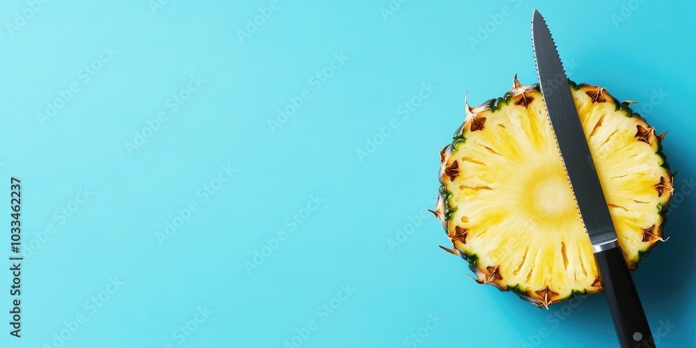 Poster pineapple sliced with a knife on a blue backdrop. vertical image. copyspace for design. summer food 