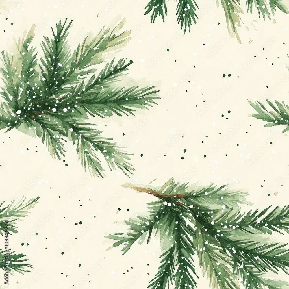 Poster watercolor featuring delicate fir branches with subtle snowflakes scattered across a soft beige back