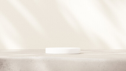 3D background with beige tones and a podium set, featuring a play of light and shadow. An abstract...