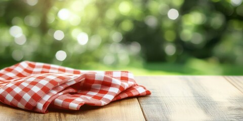 Checkered red napkin on a wooden table with a green blurred background. Area for design.