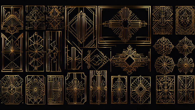 Golden geometric Art Deco ornaments: frames, borders, dividers, perfect for elegant designs