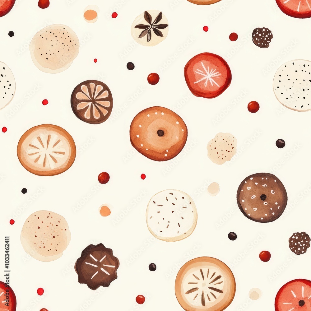 Poster of a minimalist watercolor pattern featuring various christmas cookies in soft brown and red tones s