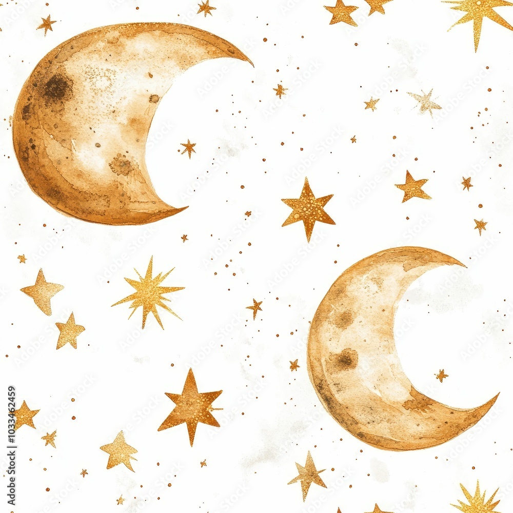 Poster delicate watercolor stars and crescent moon in soft gold tones on a clean white background creating 
