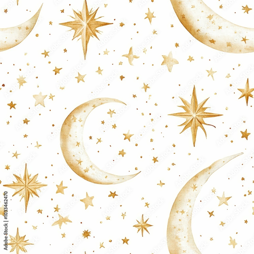 Poster delicate watercolor stars and crescent moon in soft golden hues set against a white background creat