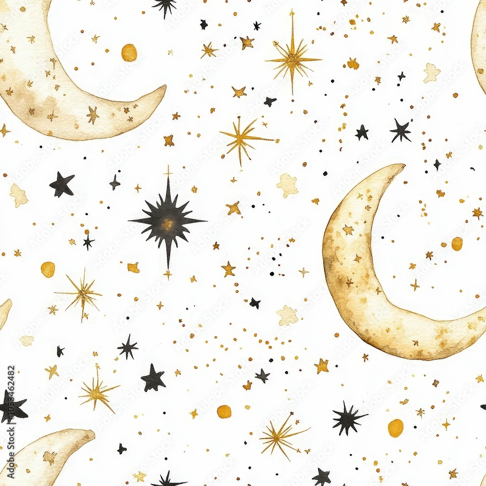 Poster delicate watercolor of a starry night sky with a crescent moon in soft gold tones creating a seamles