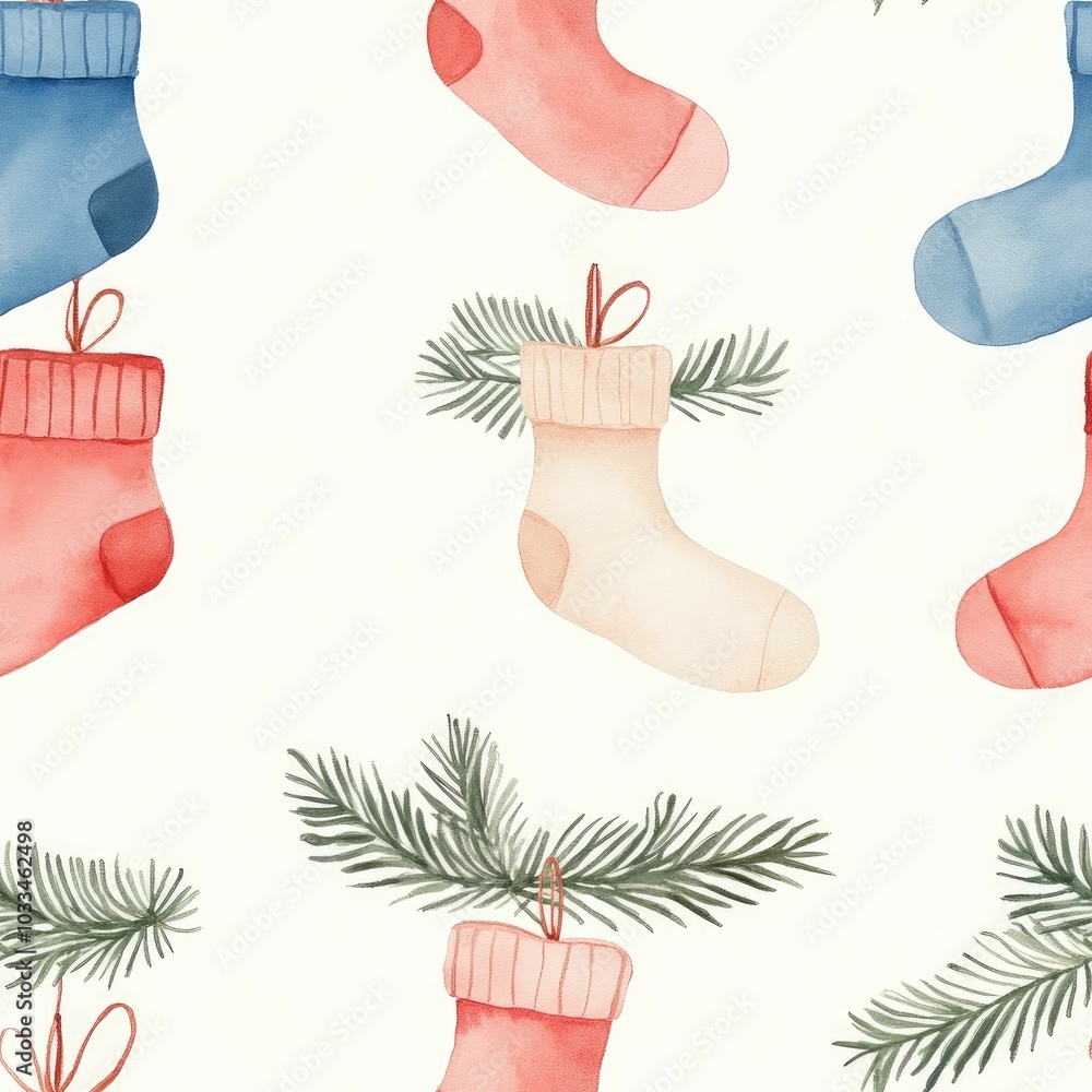 Poster elegant and minimalist showcasing a seamless repeat pattern of watercolor hanging from pine branches
