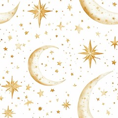 Delicate watercolor stars and crescent moon in soft golden hues set against a white background  creating a minimalistic and airy seamless pattern design  This whimsical  ethereal