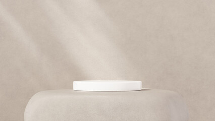 3D background with beige tones and a podium set, featuring a play of light and shadow. An abstract geometric composition in a minimalist design. designed as a fashion stage for showcasing mockup scene