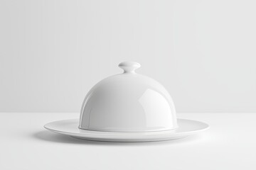 Fototapeta premium White serving cloche raised above empty white plate in a dining setting, on white 
