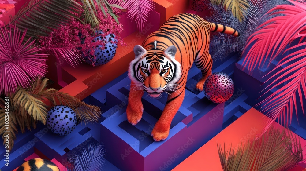 Poster a 3d rendering of a tiger walking through a jungle with colorful geometric shapes and plants.