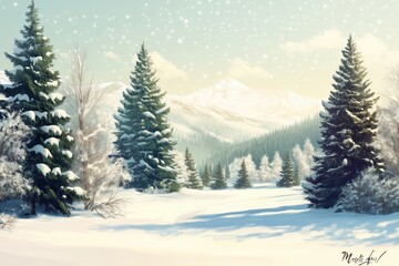 Fototapeta premium Winter landscape with snow and fir trees as vintage christmas wallpaper 