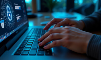 Close-up of hands typing on a laptop keyboard, with digital cybersecurity overlays displayed on the screen