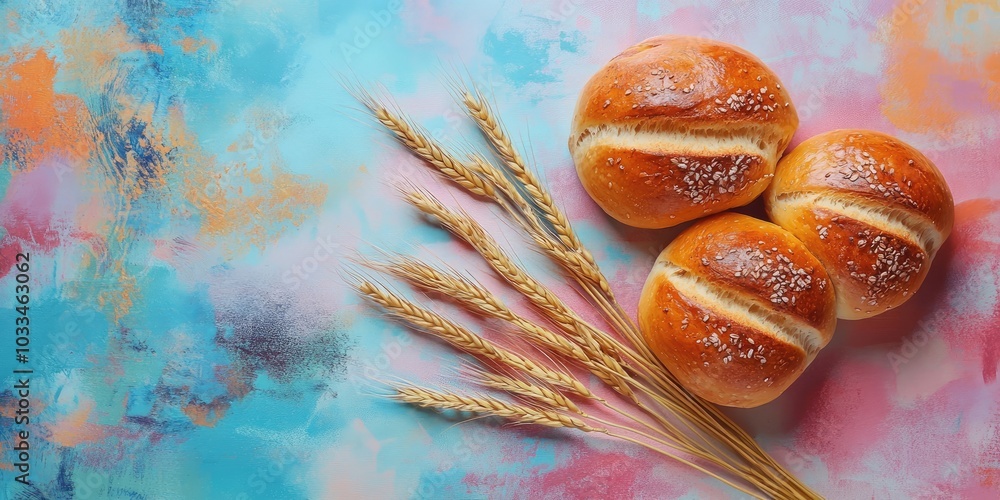 Poster fresh buns with wheat stalks on a colorful background