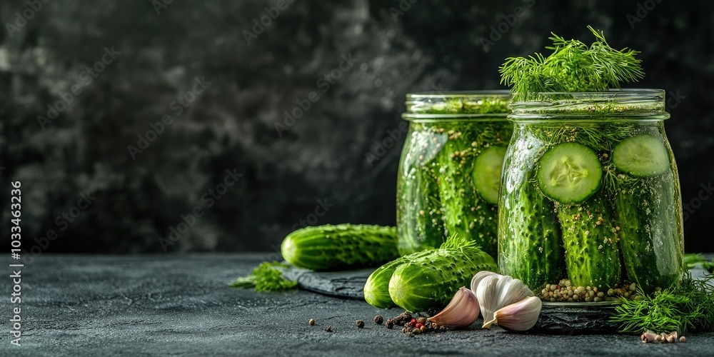 Poster pickled and fermented cucumbers in a glass jar with dill and garlic on a dark grey concrete table. a