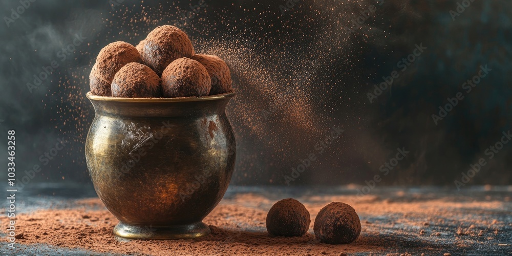 Poster chocolate truffles in an aged brass vase dusted with cocoa powder. copy space.