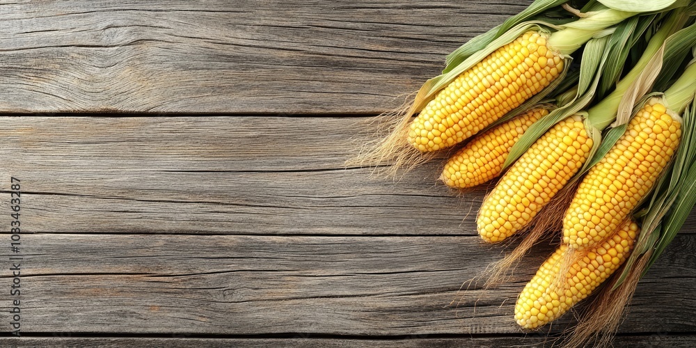 Poster Corns or Maizes Isolated on a Wooden Background with Copy Space for Text in a Horizontal Layout, Ideal for Wallpaper.