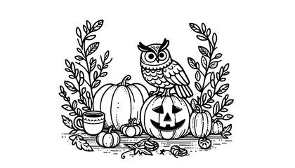 Owl and pumpkin, line illustration