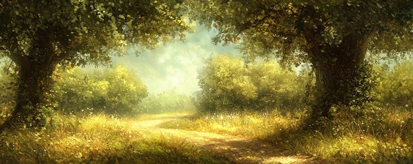 Obraz premium Misty Winding Path Through Lush Greenery