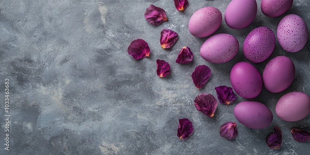 Aufkleber natural egg dye in purple. easter eggs are colored using natural dye from hibiscus tea on a gray sto