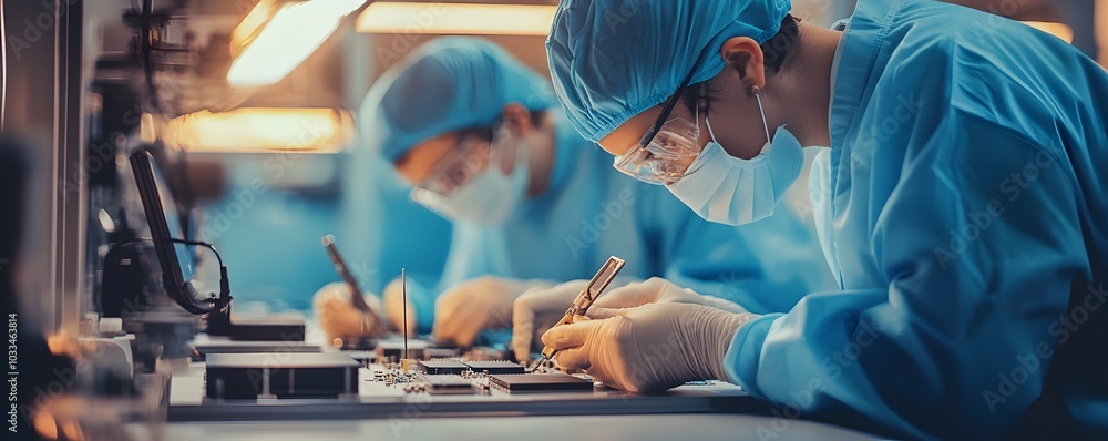 Poster cleanroom tech production assembling microchips with strict process controls