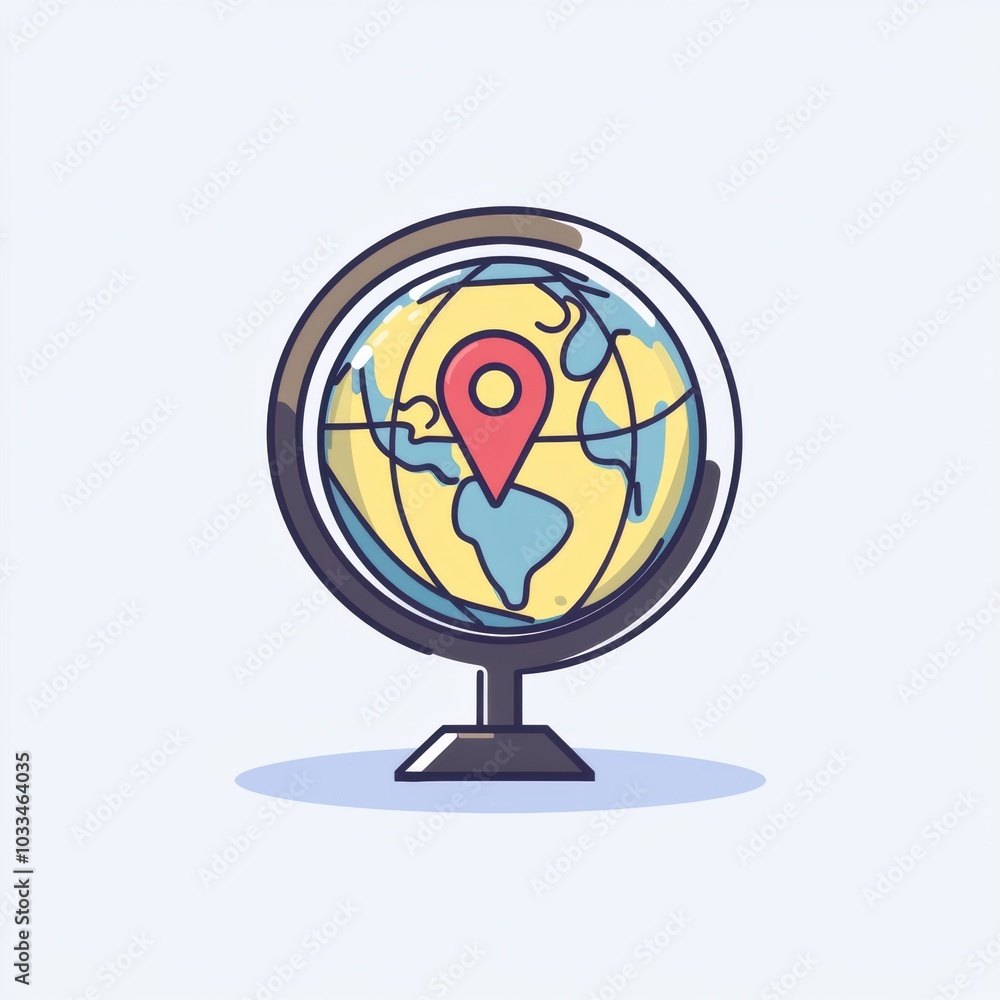 Poster a colorful globe features a prominent location pin, showcasing a specific travel destination, ideal 