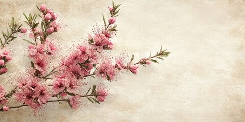 Textured vintage paper background featuring pink flowers from the Australian bottletree.