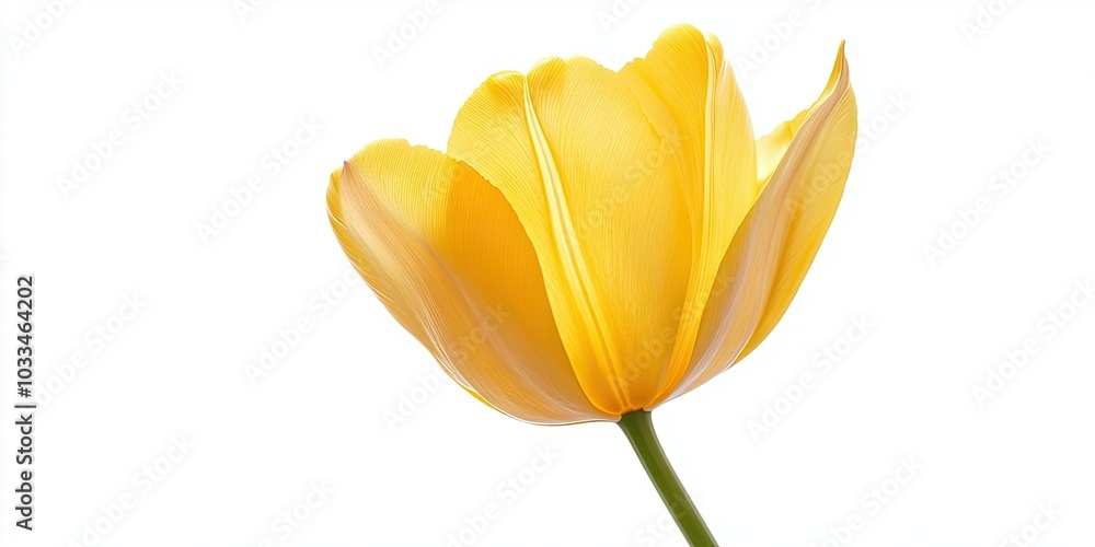 Poster close-up of an isolated yellow tulip on a white background in a studio.