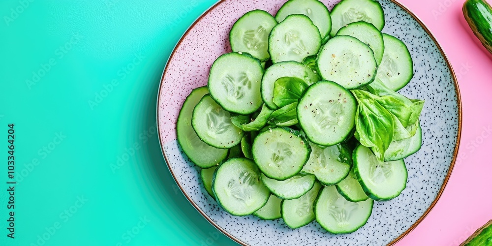 Poster plate with delicious cucumber salad on a colorful background.