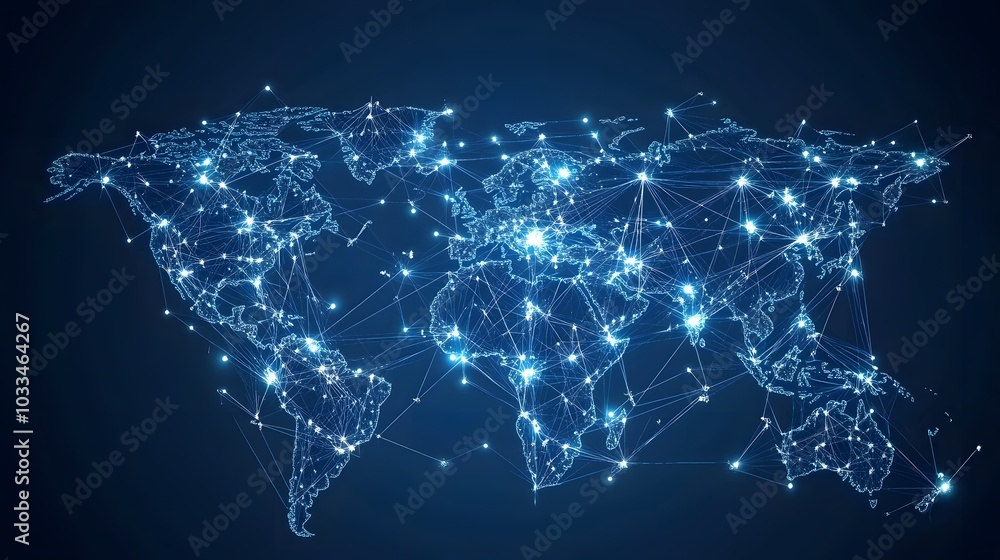 Poster a digital world map with glowing lines and points, representing global connectivity.