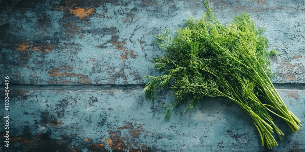 Poster a bunch of fresh dill on a weathered rustic background. top view, flat lay, copyspace.