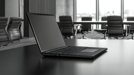 A black laptop computer sits open on a black desk in a conference room.